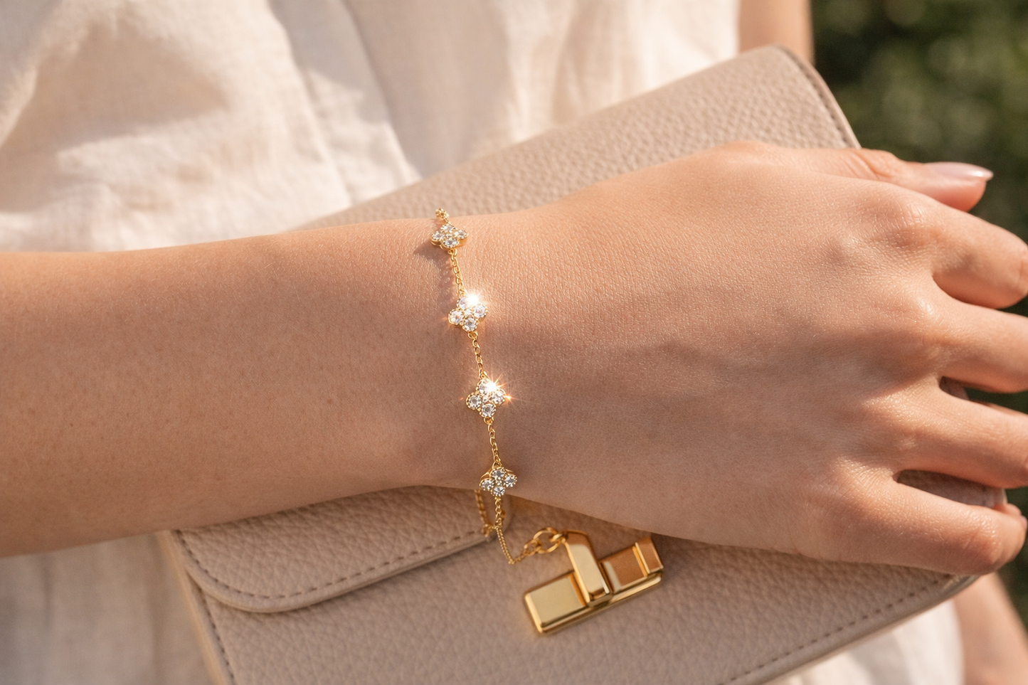 S925 Sterling Silver Clover Bracelet – 18K Gold Plated, CZ Diamond Clover Bracelet, Dainty Adjustable Lucky Bracelet for Women