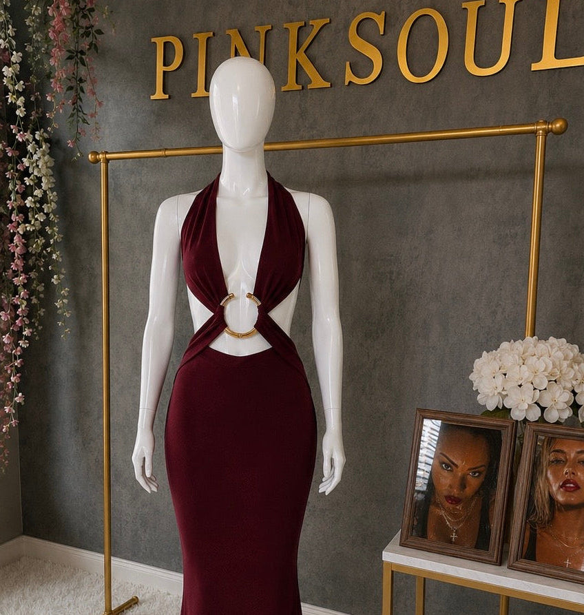 Burgundy Cutout Halter Maxi Dress