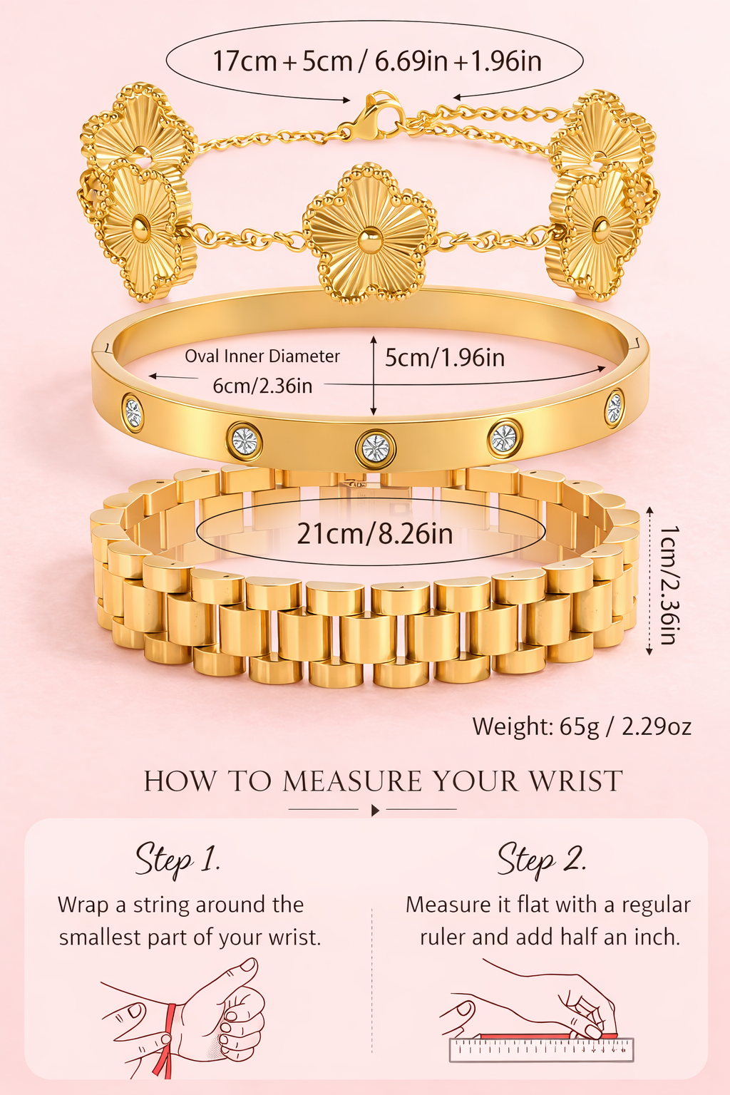 18K Gold Clover Bracelet for Women - Stackable, Non-Tarnish Stainless Steel + Adjustable Tool
