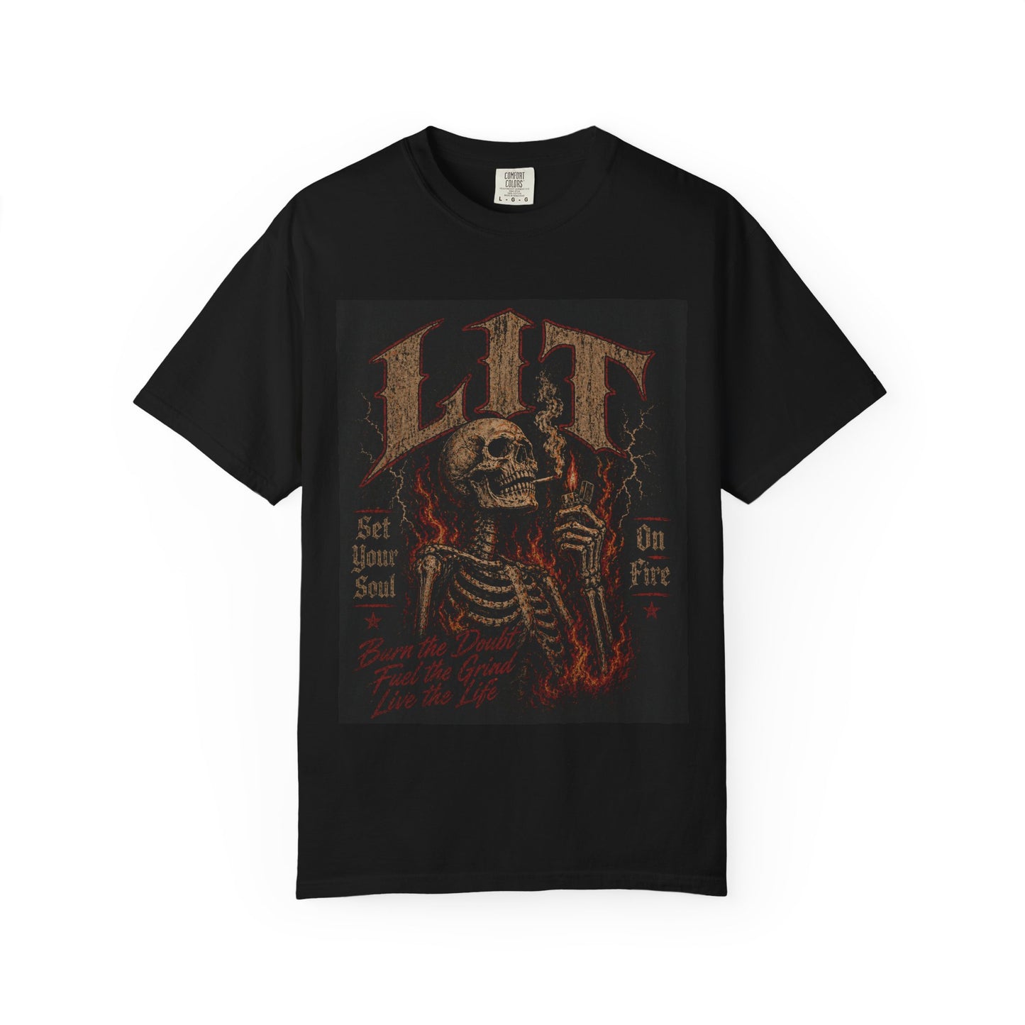 Skull 'LIT' Graphic T‑Shirt — Rock & Metal Vintage Flame Design