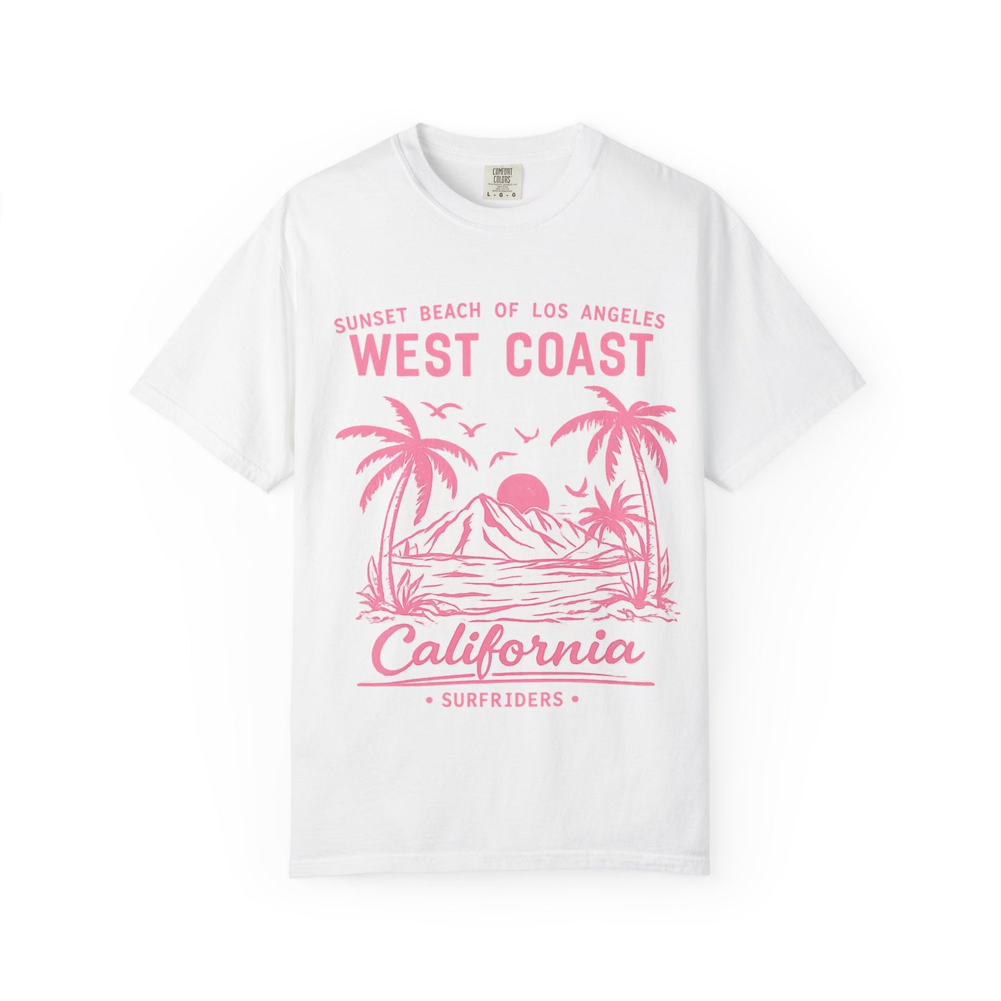 West Coast California Sunset T-Shirt — Pink Beach Palm Surf Graphic