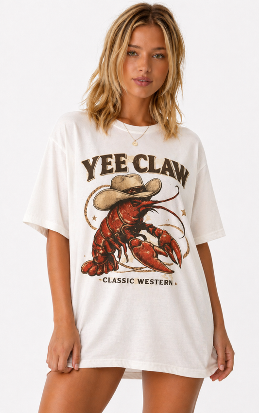 Yee Claw Oversized Graphic Tee | Southern Western Crawfish Shirt | Unisex T-Shirt Dress