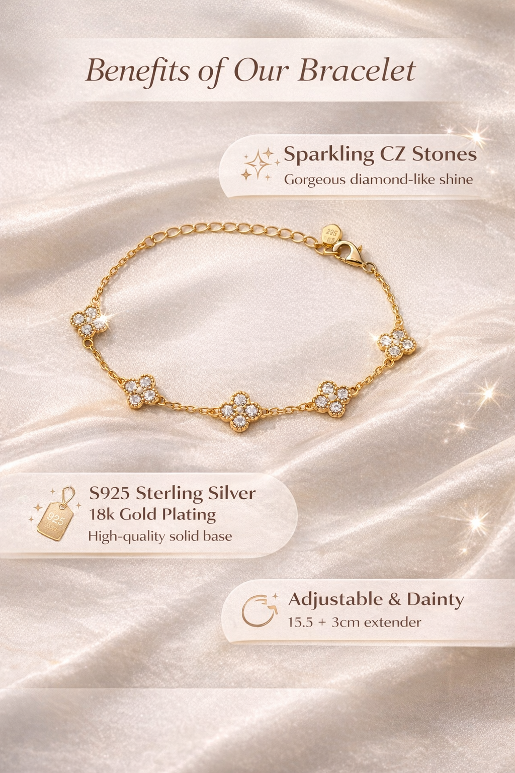 S925 Sterling Silver Clover Bracelet – 18K Gold Plated, CZ Diamond Clover Bracelet, Dainty Adjustable Lucky Bracelet for Women