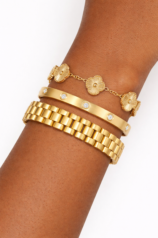 18K Gold Clover Bracelet for Women - Stackable, Non-Tarnish Stainless Steel + Adjustable Tool