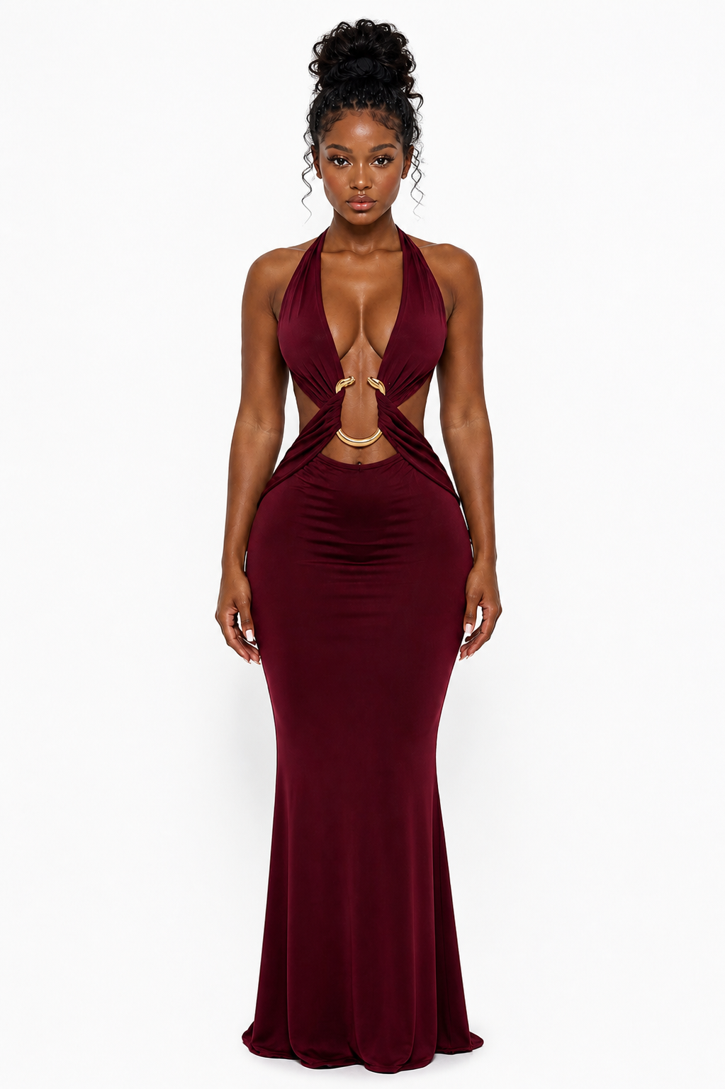Burgundy Cutout Halter Maxi Dress