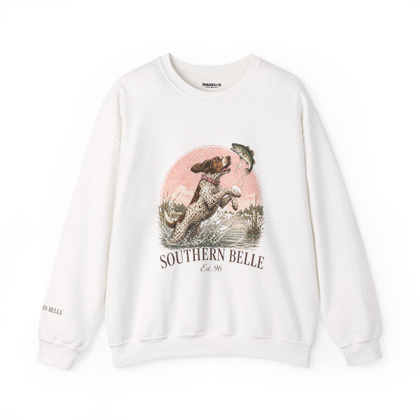 Southern Belle Crewneck Sweatshirt - Vintage Hunting Dog & Fish Graphic