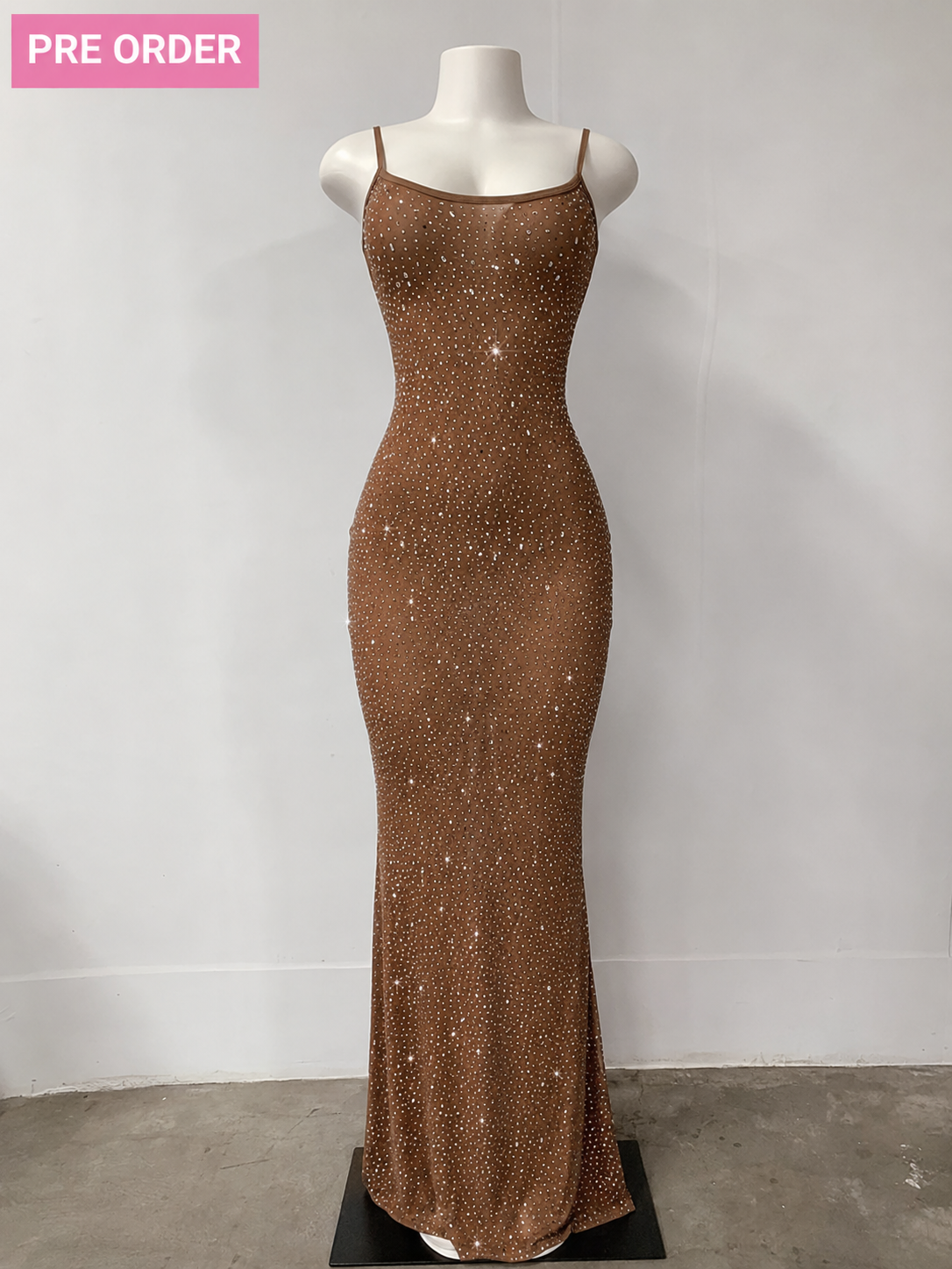 Sheer Mesh Rhinestone Maxi Dress – Mocha