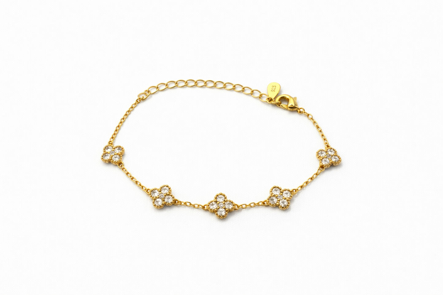 S925 Sterling Silver Clover Bracelet – 18K Gold Plated, CZ Diamond Clover Bracelet, Dainty Adjustable Lucky Bracelet for Women