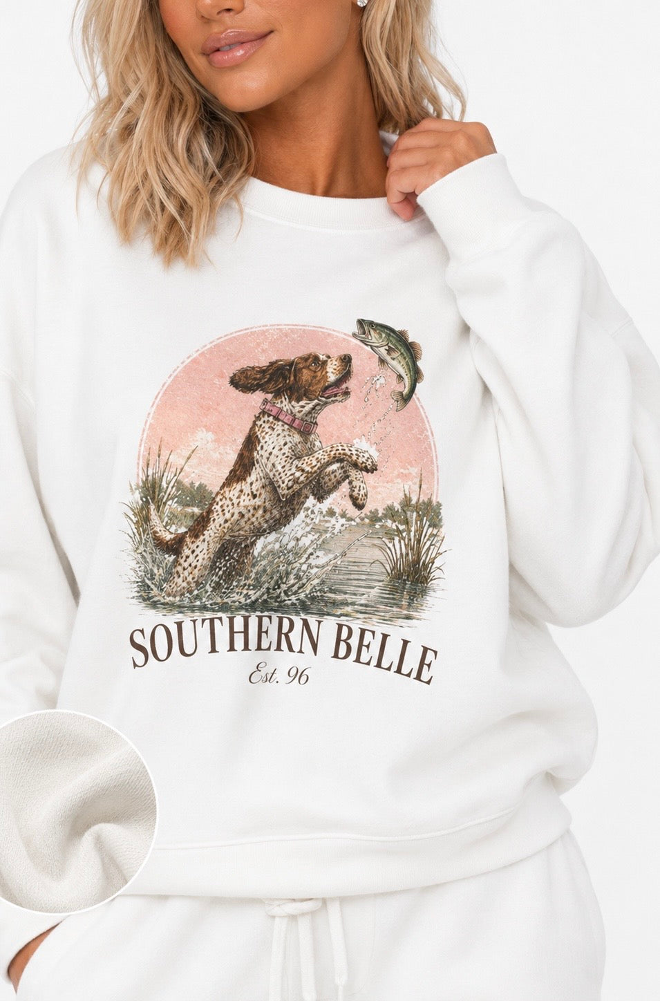 Southern Belle Crewneck Sweatshirt - Vintage Hunting Dog & Fish Graphic