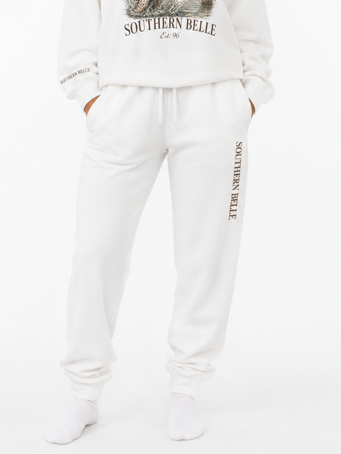 Southern Belle Athletic Joggers — Casual White Sweatpants with Side Script