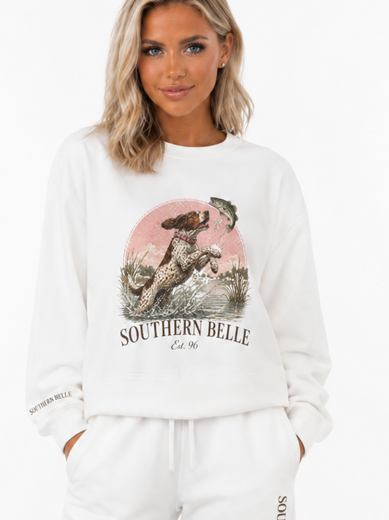 Southern Belle Crewneck Sweatshirt - Vintage Hunting Dog & Fish Graphic