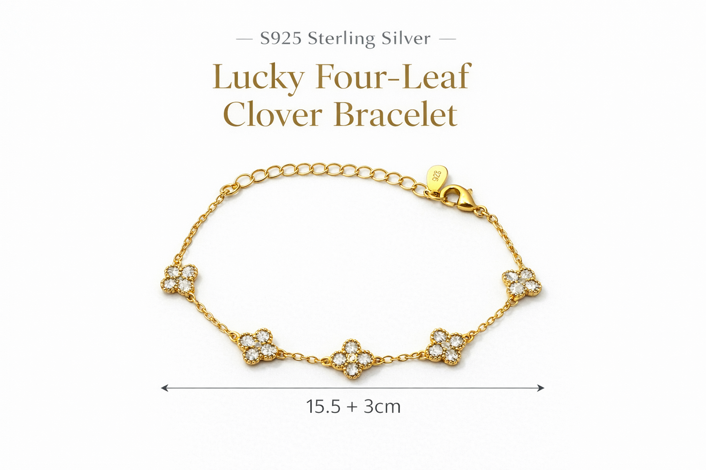 S925 Sterling Silver Clover Bracelet – 18K Gold Plated, CZ Diamond Clover Bracelet, Dainty Adjustable Lucky Bracelet for Women